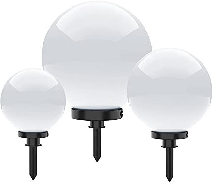 SellTec Kugelleuchten 3er Set außen, Gartenlampe 20, 30, 40cm | Außenleuchte spritzwassergeschützt | Gartenleuchte, E27-Fassung | Kugellampe mit 5m Kabelzuleitung
