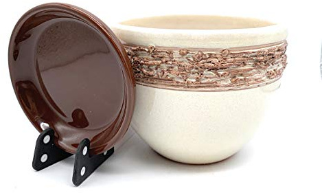 Sun Cakes Pot de Fleurs en Terre Cuite émaillée avec Soucoupe Rond avec bac à Goutte Pot de Fleurs Argile Motif Rayures - 12cm x 10cm - Ivory-Brown
