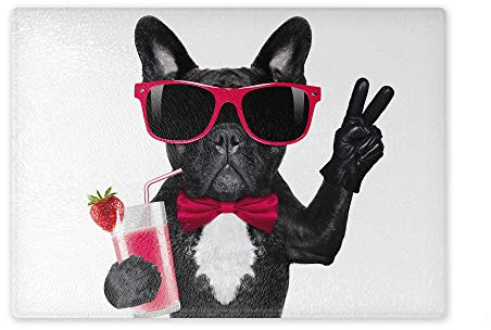 Schneidebrett/Glasschneidebrett 20x28x0,4cm - Motiv: Französische Bulldogge mit Sonnenbrille und Drink in der Hand | 04