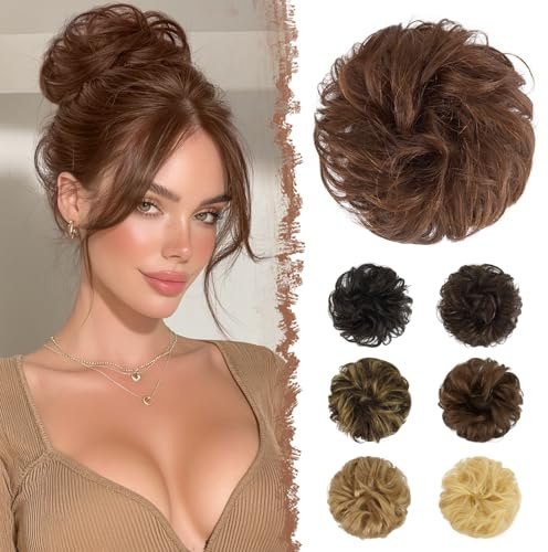 FESHFEN 100% Echthaar Haarteile Dutt Haargummi - Auburn Haarteil Gummiband mit Haaren Wellig Bun Extensions Haarknoten Pferdeschwanz Haarverlängerungen Hochsteckfrisuren für Damen