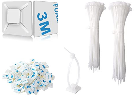 SZXULI 200 Stück Kabelbinder Weiß Set 120mm/150mm und 100 Stück Starken Selbstklebend Basishalter, Nylon Kunststoff Kabel Binder, UV-beständiges, Draht Halter für Kabelbefestigung Lichterkette