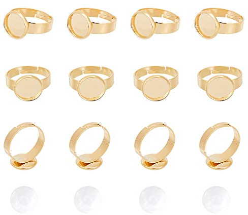 UNICRAFTALE 12 Sets 10mm Tray Golden Verstellbare Fingerring Rohlinge 304 Edelstahl Cabochon Fingerring Lünette Mit Transparente Cabochon Flache Runde Fingerringe Für Fingerring Schmuckherstellung