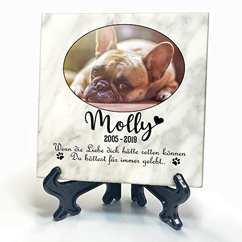 TULLUN Individueller Personalisierter Weißer Natur Marmor Gedenkstein + Ständer für Hunde, Katze und andere Haustiere - Größe 10 x 10 cm - Ovales Foto