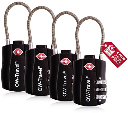 OW-Travel Kabelschloss 3 Stellig Zahlenschloss Kofferschloss Vorhängeschloss Gepäckschloss Sicherheitsschloss TSA Lock Cable USA Schloss Zahlencode für Reisekoffer Spind Rucksack Luggage:4 Schwarz