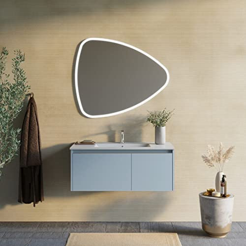 Kiamami Valentina - Mobile bagno sospeso con lavabo 100cm blu opaco, specchio a led | Monaco