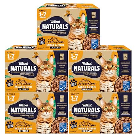 Webbox Naturals Complete Adult Wet Cat Food, 60 x Meat & Fish in Jelly Variety Pack - Made with Natural Ingredients and No Nasties (60 x 100g Pouches)