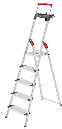 Hailo L84 ComfortLine Alu-Sicherheits-Stehleiter - 5 XXL-Stufen belastbar bis 150 kg - Tiefe Standfläche & Haltegriff - Stehleiter mit Ablage - Aluleiter Made in Germany - Leiter rostfrei - Silber