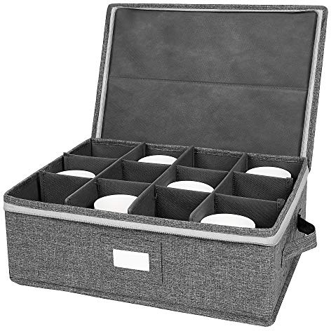 popoly Mug Storage Box with dividers, China Coffee Cup Storage Containers with Zipper Lid and Rivet Reinforced Handles, Holds 12 Coffee Mugs and Tea Cups, Structured Top and Stackable (Grey)