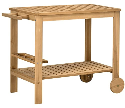 Outsunny Carrito de Madera de Bar Carro de Servicio de 2 Niveles con Asa Lateral 3 Portabotellas y 2 Ruedas para Jardín Patio Terraza 95x47x74 cm Natural