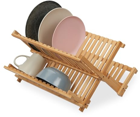 Relaxdays Abtropfgestell klappbar, 2 Ebenen, Geschirrtrockner für Teller, Tassen, Schalen, Bambus, Abtropfgitter, Natur | Geschirrtrockner für Teller, Tassen, Schalen, Bambus, Abtropfgitter