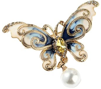 Tanduaji Tier Brosche Schmetterling Broschen Con Weiss Perle Emaille Clip 4X4,8cm, Blau