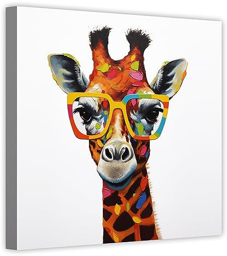 LZIMU Lustiges Giraffen bild auf Leinwand bunte Giraffe mit Brille Leinwandbild niedliche Tierbilder für Kinderzimmer Wanddekoration Gerahmt (3, 40.00x40.00cms)