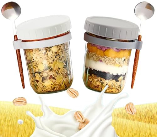 wynott 2Pack Overnight Oats Jars with Lids and Spoon 11.8oz/350ml Overnight Oats Container Glass Mason Jars for Overnight Oats Airtight Breakfast Jars with Measurement Marks for Salads Cereal Fruit