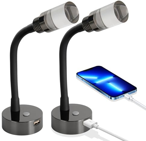 CamperXlite 2er Pack 2W Leselampe DC12V Wohnmobil, Flexible Schwanenhals Dimmbar Leselampe Wandmontage mit 18W USB Schnellladegerät LED Leseleuchte für Boot Wohnwagen Van Yacht 3200K