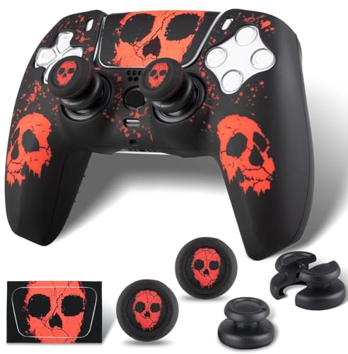 PlayRealm Silicone Skin Cover& Sticler x 1 & No Falling off Thumbstick x 2 for PS5 Controller (Ghost Face Red)