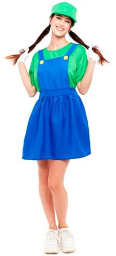 Acan Tradineur - Disfraz de fontanera verde, adulto, 100% poliéster, incluye gorro, camiseta y peto, atuendo de carnaval, Halloween, cosplay (Mujer, Talla L)