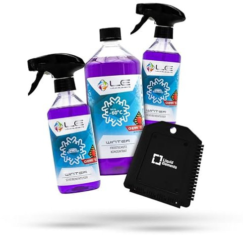 Liquid Elements – Scheibenfrostschutz Winter Set mit 1x Frostschutzmittel, 2X Enteiserspray & 1x Eiskratzer – Auto Enteiser Zubehör für effektiven Frostschutz an kalten Tagen (Cherry Tec)
