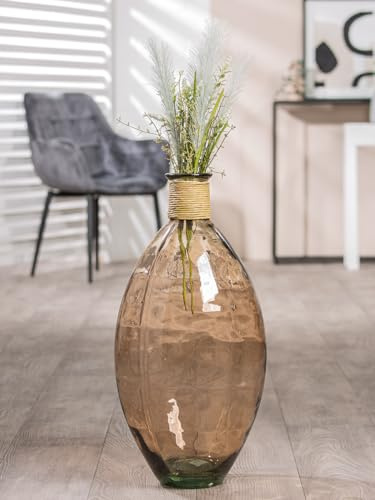 GILDE Jarrón Grande Decorativo de Cristal, jarrón abombado con Rafia para Hierba de Las Pampas, Regalo de cumpleaños, Color marrón, Altura 59 cm