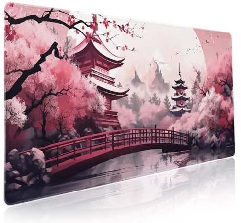 Grand tapis de souris pour gaming motif cerisiers, soleil et tour, avec dos antidérapant en caoutchouc et bords cousus, rose, taille XXL, 90 x 40 cm