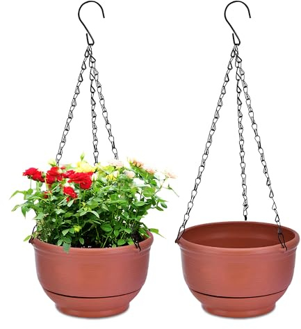 YuanDiann 2er Pack Hängende Blumentöpfe mit Abnehmbarem Tablett, Selbstabsorbierende Blumentopfkorb aus Kunststoff Hängepflanze Außen Innen Blumenampel Haus Balkon Garten Dekoration Ziegelrot 17.6cm