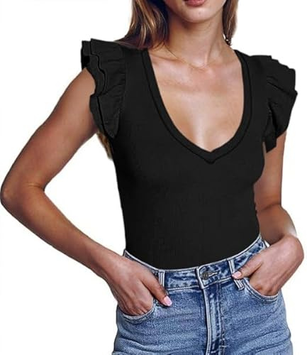 Hount Oberteile Top Damen Sommer Sexy Ärmelloses mit Rüschen Top V Ausschnitt Shirt Bluse (M, Schwarz)