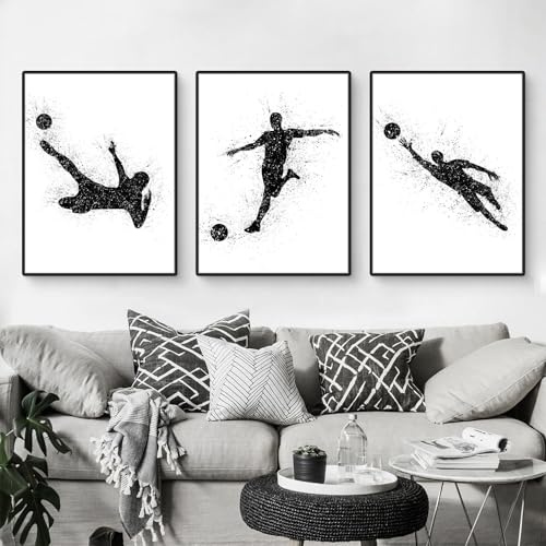 Herfair 3 Stück Moderne Bunt Fußball Poster Set, Schwarz und Weiß Kunstdruck Bilder, Kinderzimmer Wohnzimmer Wandbilder Wanddeko für Teenager Jungen, Ohne Rahmen (Schwarz und Weiß Fußball,30x40cm)