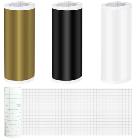 4 Rollen Smart Vinyl Permanent mit Transferfolie für Cricut Joy, 14x200cm | Smart Adhesive Vinyl Permanent, Transferfolie Rollen Vinylfolie Plotter Set für DIY (Schwarz+Weiß+Gold+Transferfolie)