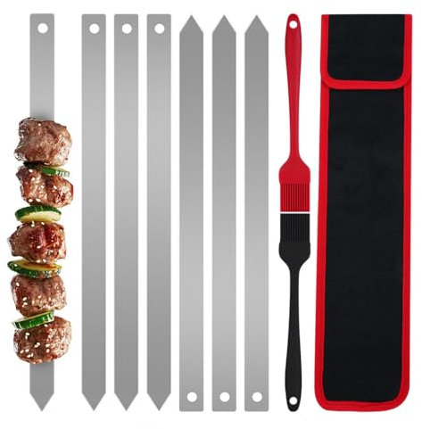 BBQ Barbecue Skewers, 6 PCS Stainless Steel Flat Wide Barbecue Skewers, Reusable Flat Metal Skewers, with Bag, Metal Kebab Sticks BBQ Skewers, for Outdoor BBQ, Family Party, Shish Kabob