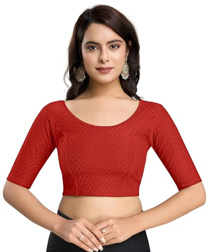 TRENDMALLS Dam ren bomull töjbar färdig blus choli sari blus redo att bära, Röd, M