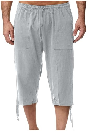 RLEHJN 3/4 Length Cotton Linen Shorts Men UK Sale Clearance, Mens Summer Shorts Elasticated Waist Casual Lightweight Cropped Trousers Solid Color Drawstring Three Quarter Pants with Pockets M-XXL