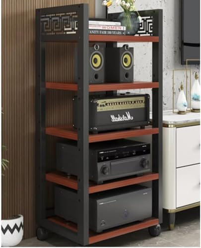 Stereo Cabinet AV Component Media Stand MultiTier Audio Rack Rolling Audio Tower FloorStanding Cabinet CD Player Stand Adjustable Corner Shelf Hifi Rack(Size:5 Tier,Color:Teak)