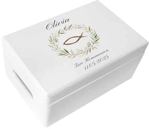 Creative Deco Weiß Personalisiert Kommunion Geschenke für Mädchen Jungen | Holzkiste | Fisch | Individuelle Geschenk Erinnerungsbox | Erstkommunion Deko