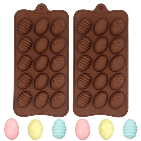 Silicone Easter Egg Chocolate Mould, Set of 2, 22cm x 10.4cm, 15 Cavities with 3 Designs, Brown