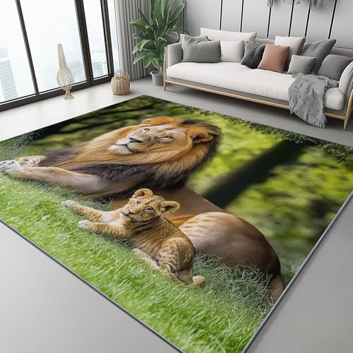 Teppich Wohnzimmer 60 x 110 cm,Teppich Braunes Grün Muster Waschbarer Grasland Löwe Tierfotografie Teppiche Schlafzimmer Kurzflor Teppiche für Wohnzimmer Kinderzimmer