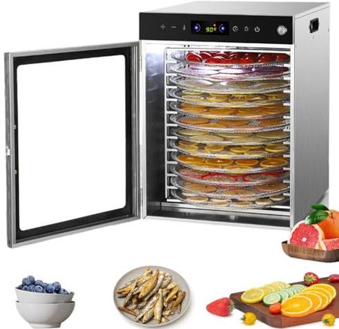 TAZZOR Dörrautomat Edelstahl, 12 Edelstahl-Dörrtabletts, 360° Effizientes Dry, 800W, 30-90℃ Temperaturregelung, 24 Stunden Timer, Überhitzungsschutz, Dehydrator für Fleisch Obst Gemüse Kräuter