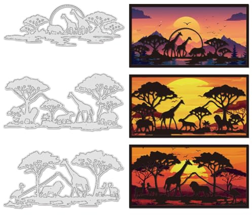 UNICRAFTALE 3pcs Africa Animal Theme Cutting Dies Stencils Giraffes Lions Carbon Steel Embossing Template Border Background Metal Die Cut for Card Making DIY Scrapbooking Photo Album