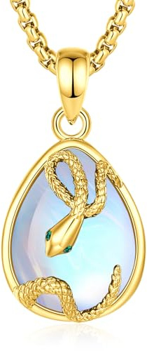 INFUSEU Schlangen Kette Mit Kristall, Tier 18K Gold Mondstein Anhänger Gothic Schlangenkopf Punk Halskette Schmuck Slytherin Spirituelle Geschenke Fur Geburtstag Damen Herren
