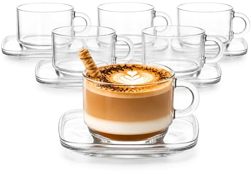 KIAPPO Glas Tassen mit Untertassen – 6-teiliges Set – 270 ml – Transparentes Glas – Für Kaffee, Tee & Heißgetränke – Modernes Design & Geschenkverpackung – Perfekt für stilvolle Genussmomente
