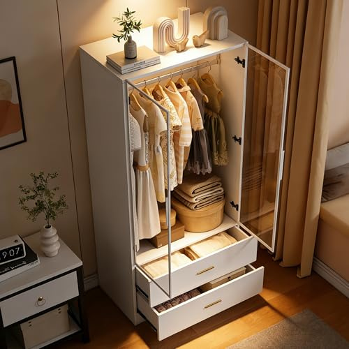 UTTQEW Kleiderschrank Weiß mit Glastüren, LED-Licht und Transparente Doppeltüren, Moderner Garderobenschrank mit Kleiderstange und 2 Schubladen, 80 x 50 x 180 cm