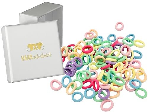 HAARallerliebst 100 stycken färgglada 20 mm små hårsnoddar för flickor – mini baby flätgummi inklusive låda – perfekt hårsnodd, hårdekoration för barn och kvinnor – elatiskt mjukt flerfärgat (pastell
