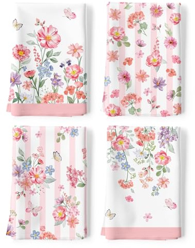 Arquiel Set 4 Strofinacci Cucina, Fiori Di Campo Rosa 100% Cotone Canovacci Senza Pelucchi Asciugamani Durevole Riutilizzabili Decorazione Regali per la Mamma 48 cm x 70 cm