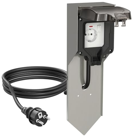 ledscom.de Steckdosensäule POXO mit Erdspieß und 2m Kabel für außen, IP65, 1-fach, edelstahl/schwarz, eckig, 40cm