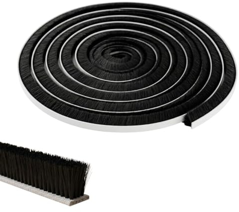 Lumonic 5m Junta de cepillo negra 12mm | Autoadhesivo + Se puede cortar a medida | Protector contra corrientes de aire, protección contra el frío, mosquitera para ventanas, puertas, armarios