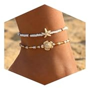 2er Set Damen Fußkettchen Gold, Boho Strand Muschel Fußketten mit Perlen, Schildkröte & Seestern Anhänger, Sommerliches Strand-Fußkettchen für Frauen, Hawaii Beach Stil, Wasserfest, Geschenk für Damen