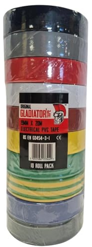 Gladiator PVC Electrical Tape Assorted Colours 19mm x 20m (10 Pack) | BS EN 60454-3-1 Certified | Flame Retardant | 150 Micron | Colour Coding, Cable ID & Electrical Insulation Tape