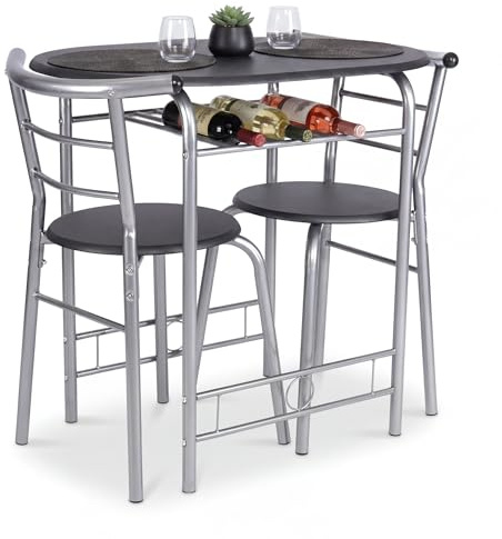 Bravich Compact 3 Piece Dining Set, Small Space Saving Bistro Table and 2 Chairs with Storage Shelf, Kitchen Breakfast Table Set for 2, Black & Silver