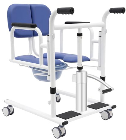 Sedia di trasferimento idraulica 150 kg, Alzacristallo su ruote con freni, sedia da toilette con vaso portatile, per anziani disabili mobilità ridotta, regolabile in altezza 30-46 cm, blu