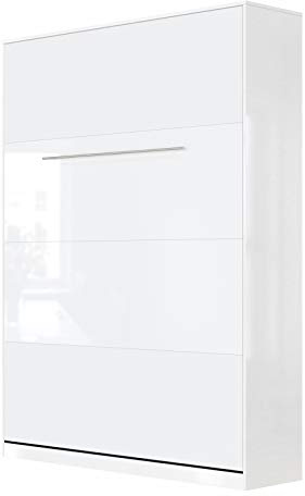 SMARTBett Standard 140x200cm Vertical White Gloss/White Gloss | Murphy Bed, Folding Wall Bed, Fold Down Bed, Fold-Away Bed, Foldable Bed, Cabinet Bed