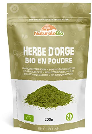 NaturaleBio Raw Organic Barley Grass Powder, 200g. Bio, Natural and Pure, Grown in Europe. Ideal for Green juices, Smoothies and Recipes. Suitable for Vegetarians and Vegans.