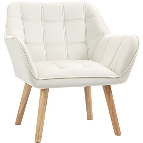 HOMCOM Poltrona Design Scandinava in Legno e Simil Velluto Color Crema, per Soggiorno o Ufficio, 67x61.5x71cm